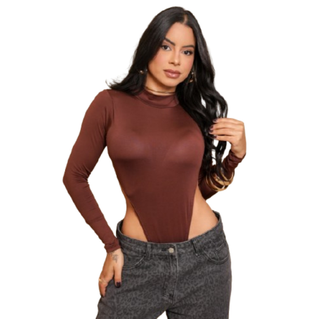 Body Ousadia Marrom Manga Longa Gola Alta Cavado Com Bojo