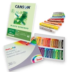 kIT 36Giz Pastel Oleoso Pentel + Bloco Papel Canson