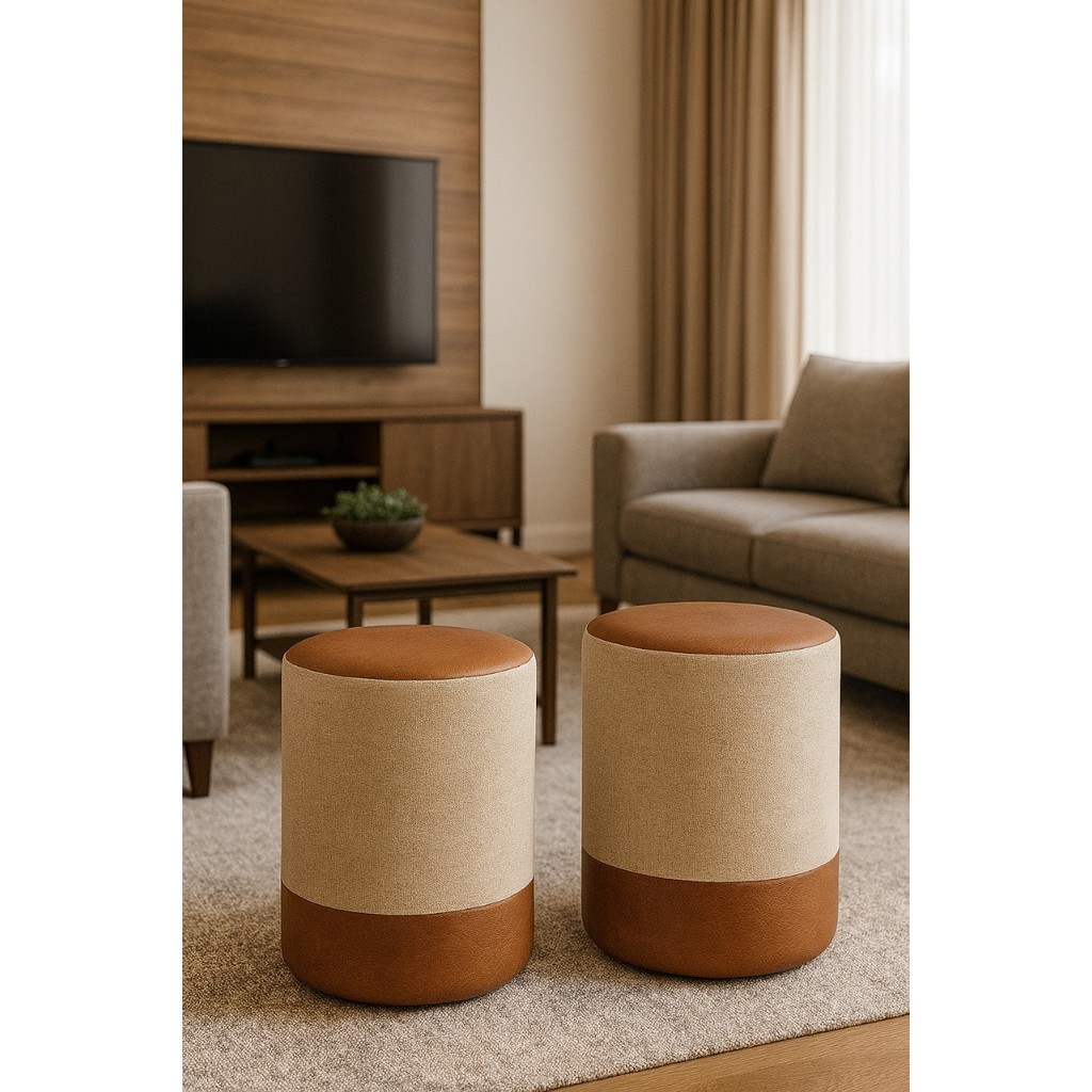 Kit 2 Puff Plus Banquinho Redondo Decorativo em Linho Base e Tampo Courino Bege/ Caramelo – PC MÓVEIS