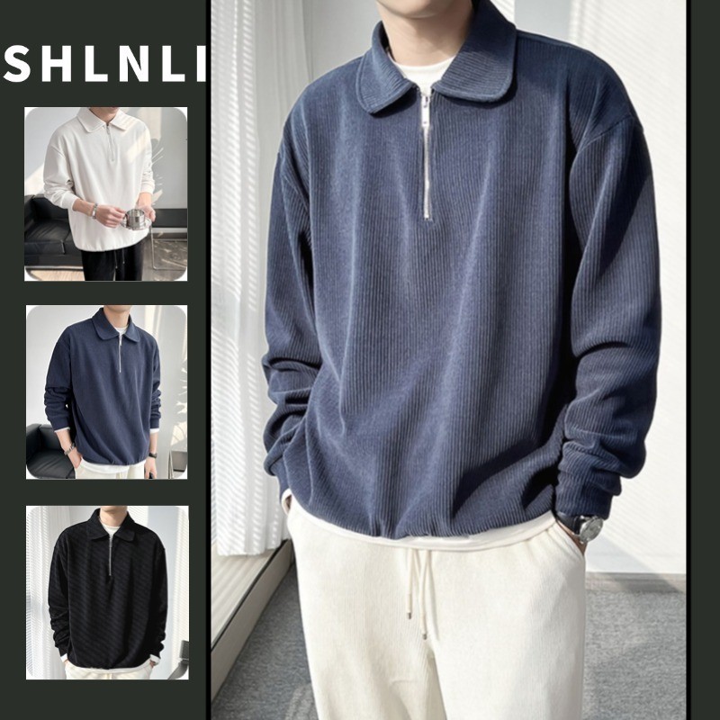 Primavera Outono Cor Sólida Estilo Rua Casual Moletom Com Capuz Masculino Meio Zíper Manga Comprida Gola Polo