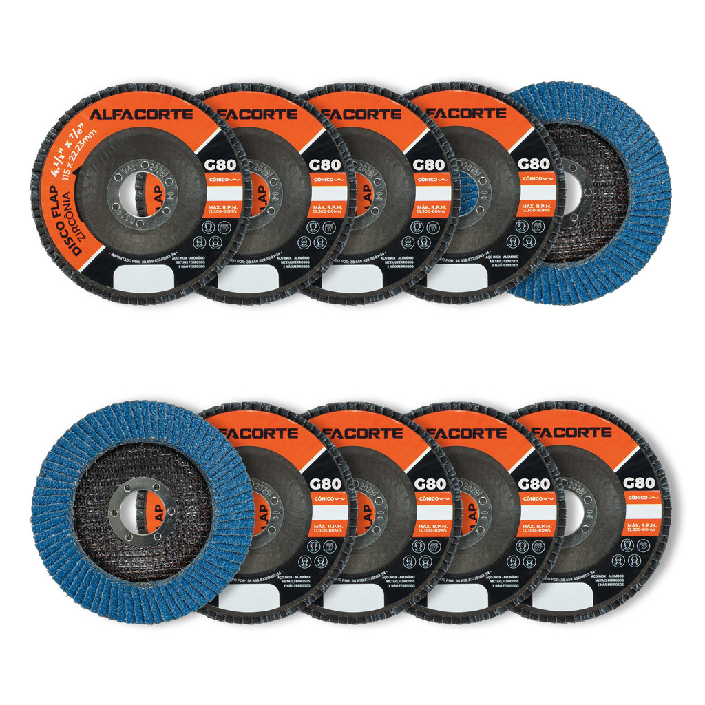 Kit 10 Disco Flap 4.1/2 Grão 80 Zircônio cor Azul Para Desbaste e Lixamento