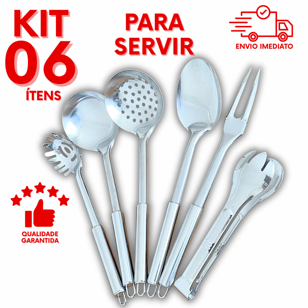 Kit 6 Utensilios Inox Servir Colher Concha Escumadeira Pegador Massa Garfo Trinchante Pegador Salada