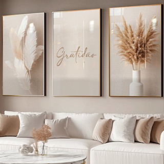 Quadro Decorativos Trio Gratidão Ramo de Trigo Prosperidade Branco Moderno para Sala Hall Escritório em Oferta na Shopee