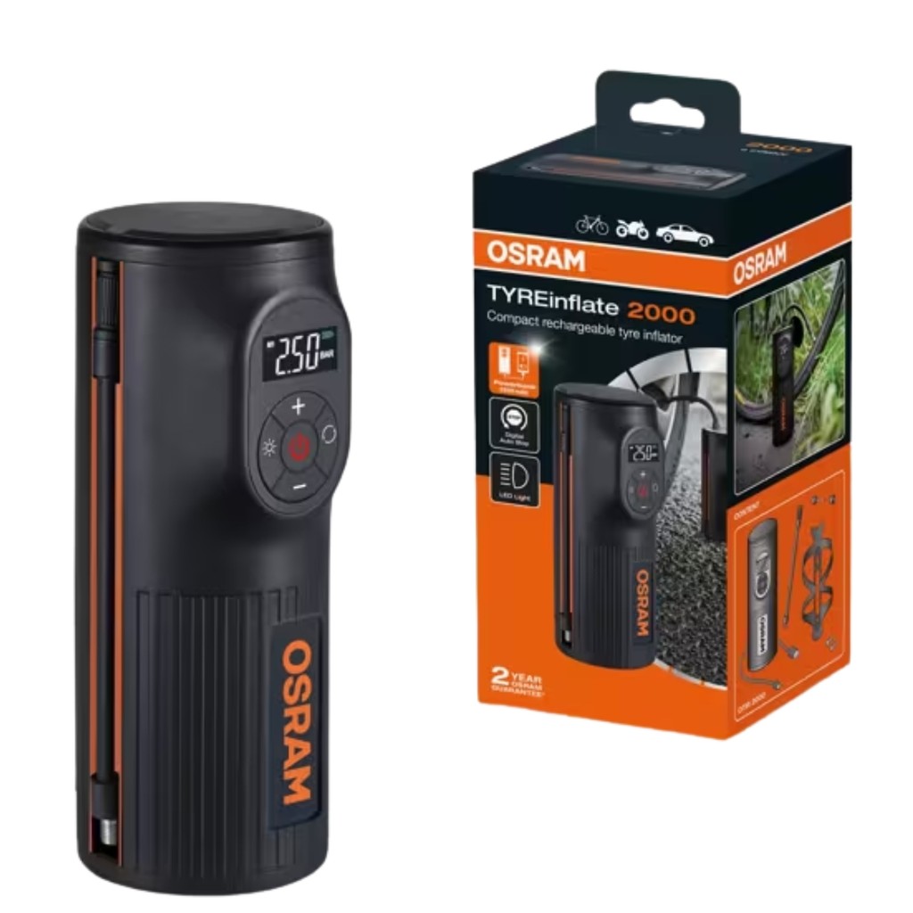 Mini Compressor de Ar Portátil Osram OTIR2000 Recarregável Com Luz LED Auxiliar + Power Bank USB Pneu em Oferta na Shopee