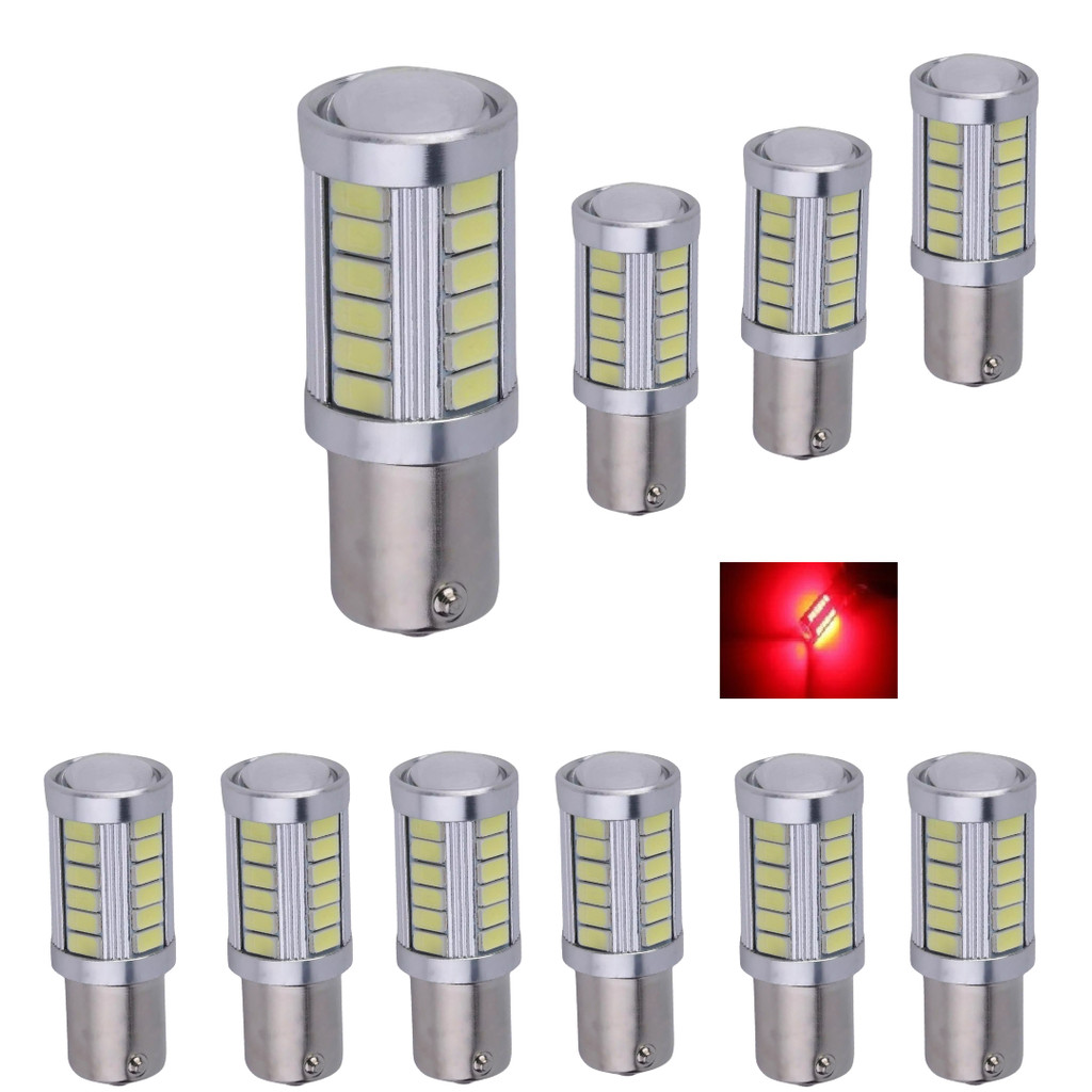 KIT 10 LAMPADA 33 LED CREE BAY15D 2 POLO P21/5W 1157 1034 VERMELHO 12V