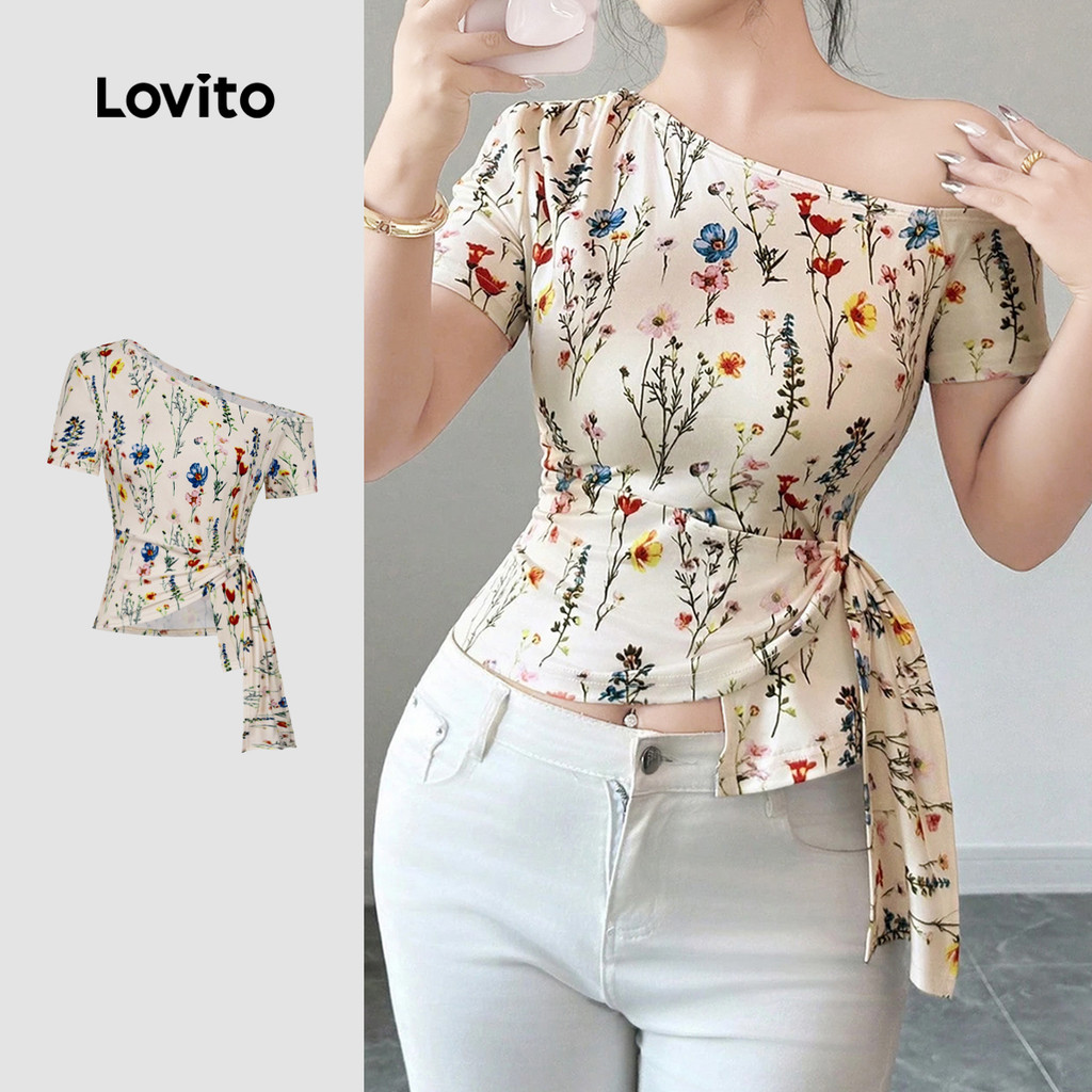 Camiseta assimétrica com estampa Floral e ombro com cadarço - NEW-TSB150PAD701 em Oferta na Shopee