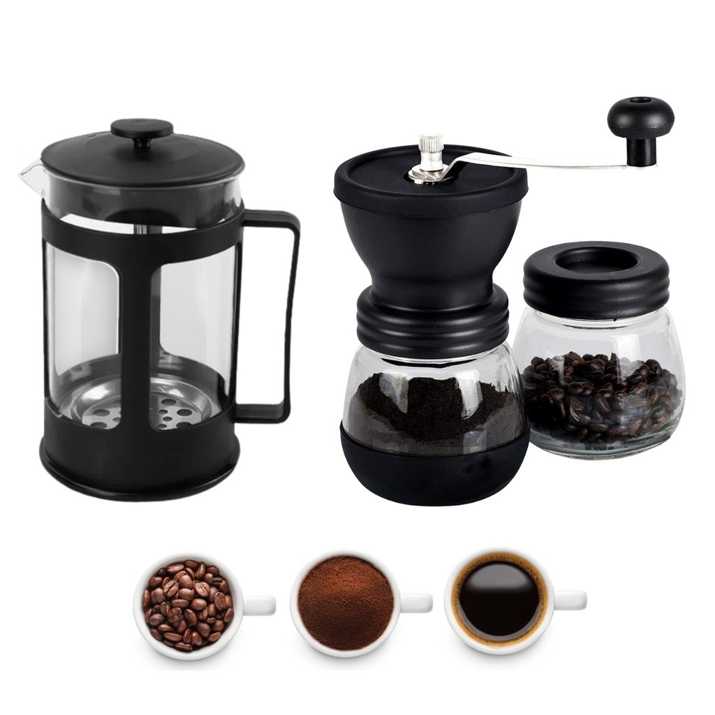 Kit Café Gourmet Cafeteira Prensa Francesa de Vidro Café Chá 650ml e Moedor De Café Manual Cerâmica
