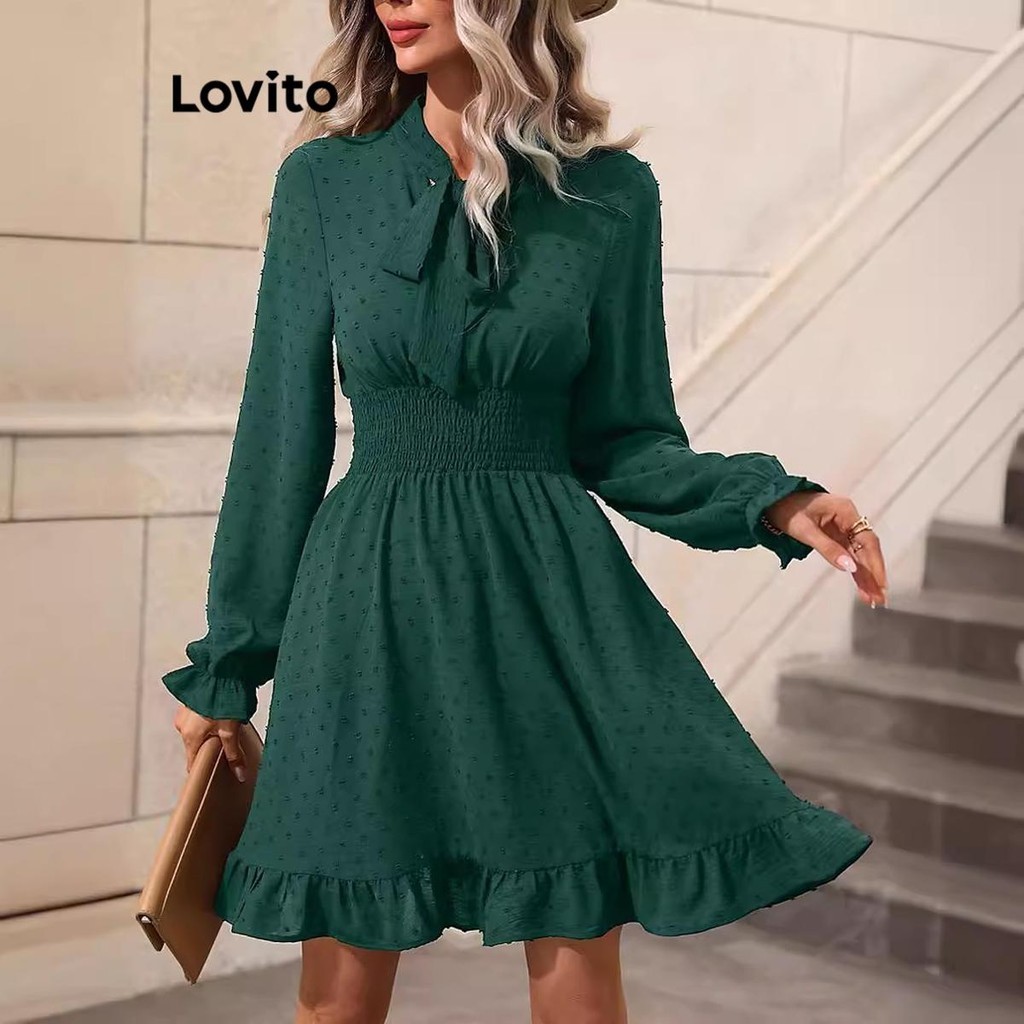 Lovito Vestido elegante liso com babados e renda para mulheres LNL56136
