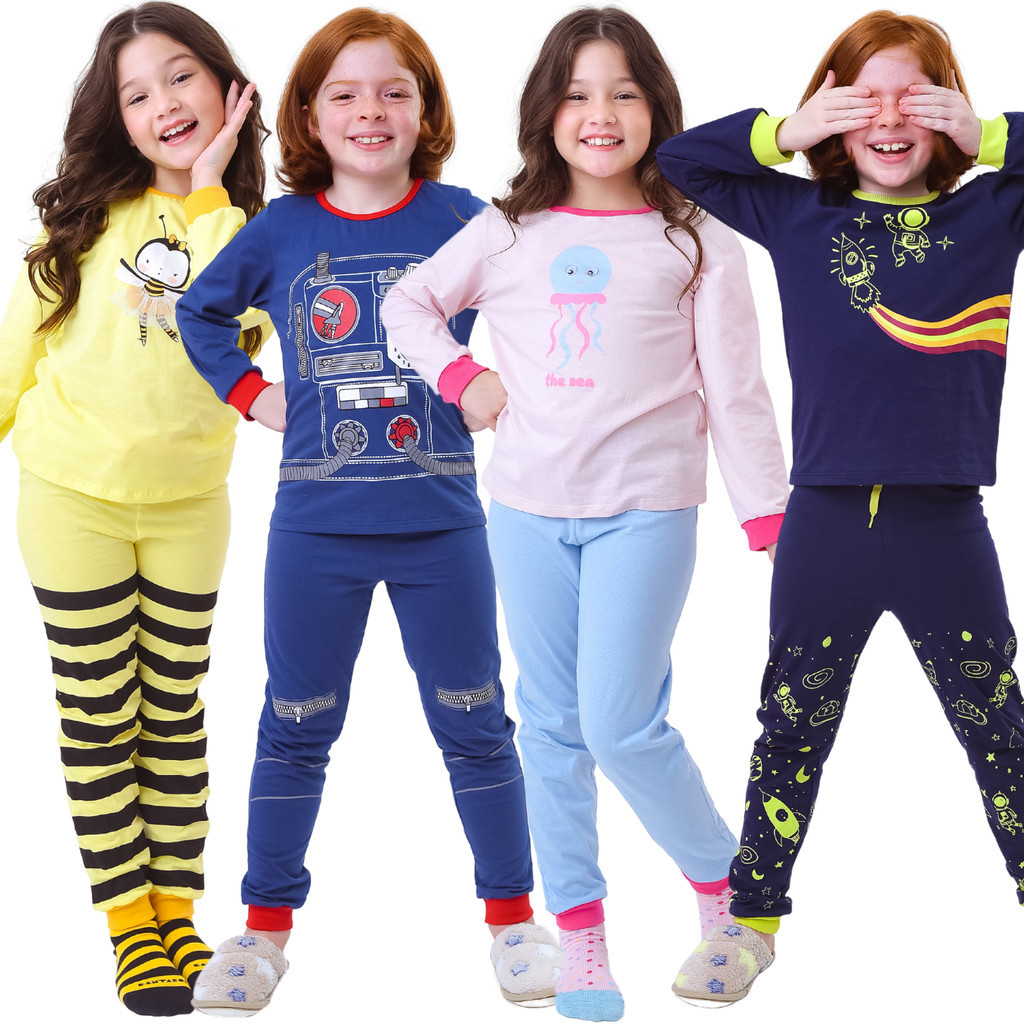 Pijama Unissex Infantil Longo Frio Algodão Meninas ou Meninos 1 ao 10 + Estampas, brilha no escuro.