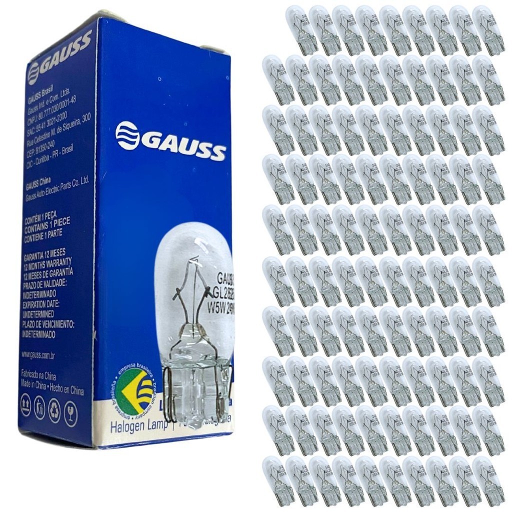 Kit 100 Lâmpada Pingo D'Água Lâmpada Pingão W5W 24v 5W Halógena Universal Gauss GL2825B