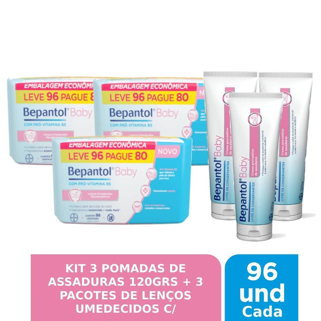 Kit 3 Pomadas Assadura 120g + 3 Lenços Umedecidos - Bepantol - Mom & Baby