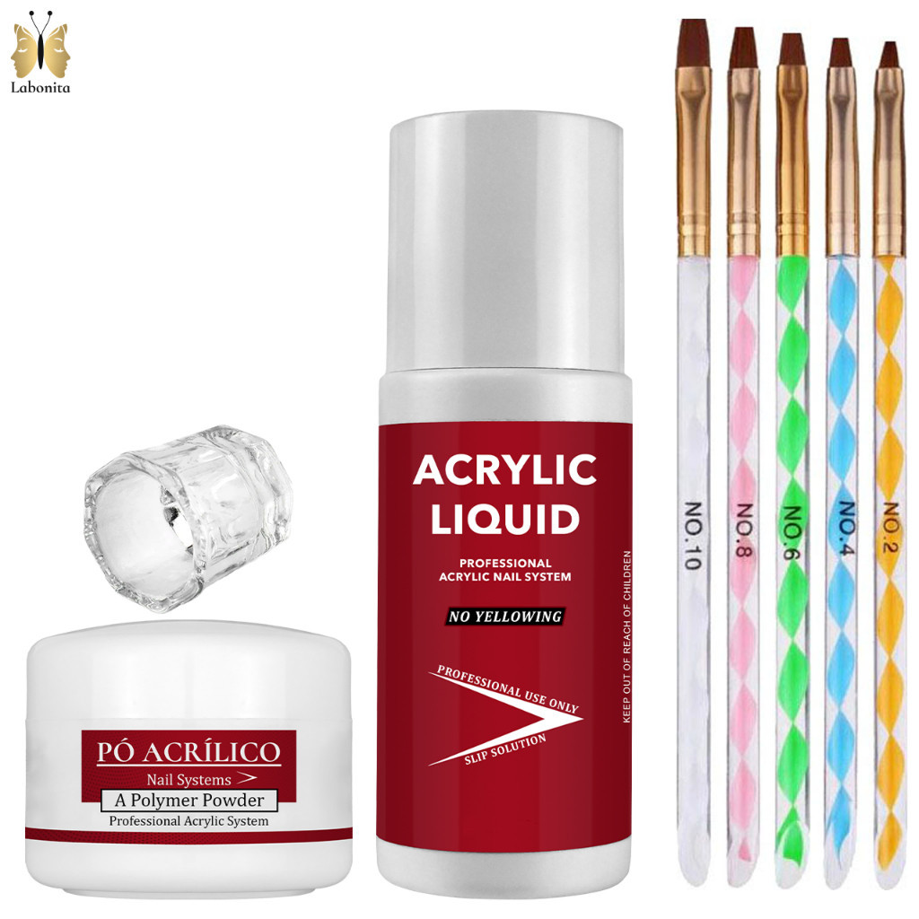 Kit Líquido Acrílico Acrylic Liquid Monomer Acrylicliquid  Unhas + Pó Ezflow Unha + KIT 05 Pinceis + Copo Dappen