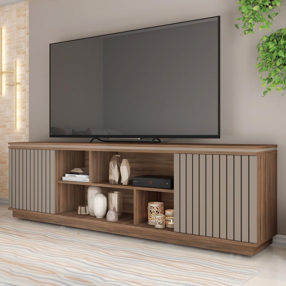 Rack Para Sala Bancada de TV 75 Pol 180cm Simetria Nogueira/Fendi - Caemmun em Oferta na Shopee