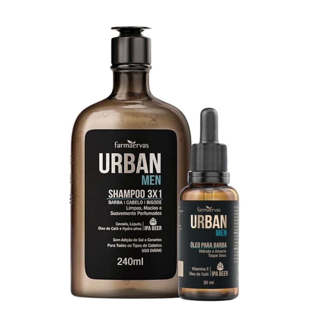 Kit Shampoo 3X1 240 ml + Óleo Para Barba 30 ml Urban Men Farmaervas em Oferta na Shopee