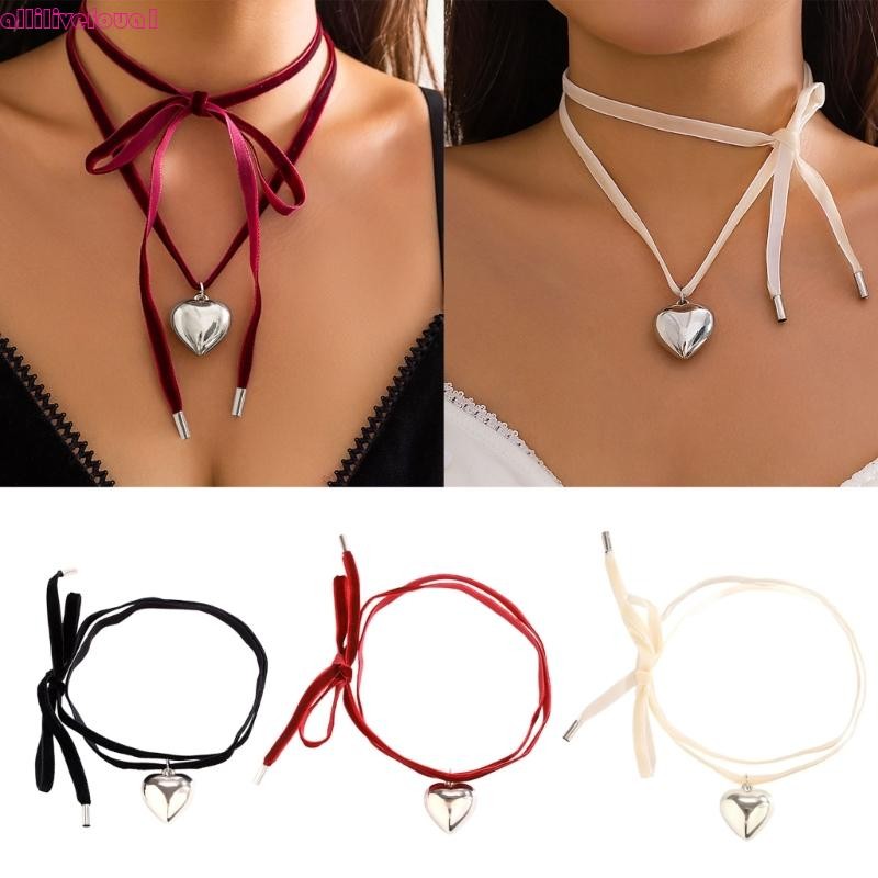 allilivefoua1 Love Heart Bowknot Choker Gothic Winding Cor Veludos Colar Clavicle Chain Jewelry for Women Gi