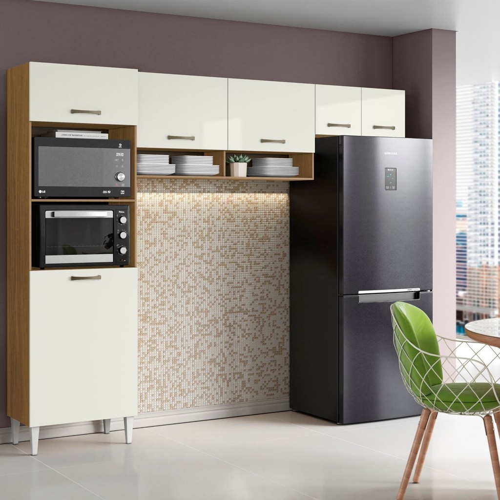 Armário para Cozinha Compacta 3 Peças com Torre Quente Aéreos 6 Portas Sem Balcão Atenas - Home & Living