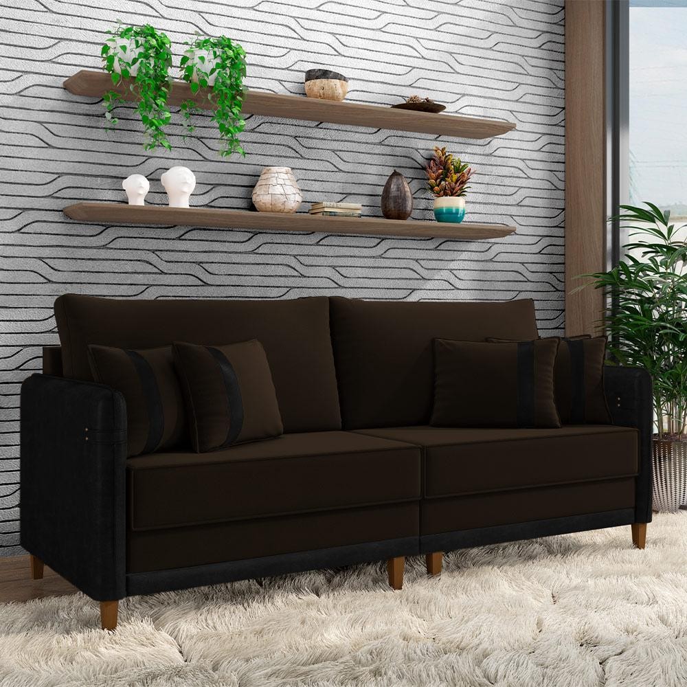 Imagem Sofá Living Montecarlo 2 Lugares Bipartido 212cm Pés em Madeira Veludo/PU Marrom/Preto G33 - Gran