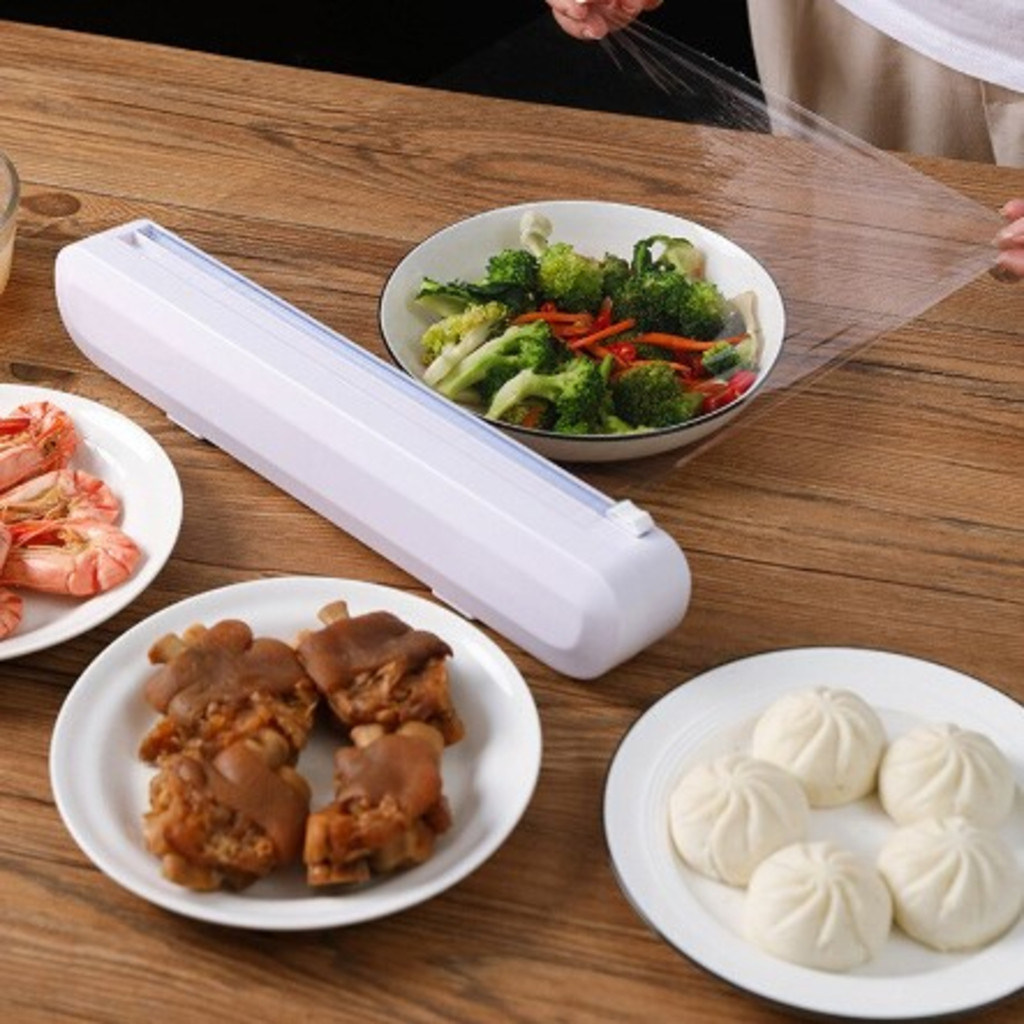 Cortador De Plástico Filme PVC Suporte Ajustável Dispensor Plástico Filme Descartável Ventosa Aderente Selador Comida Cozinha Embalagem
