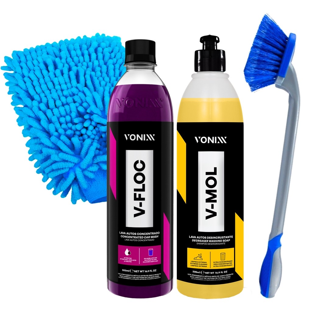 Kit Shampoo Automotivo Vonixx V-Floc 500ml V-Mol 500ml Luva Microfibra Escova para Caixa de Rodas Longa Karbox