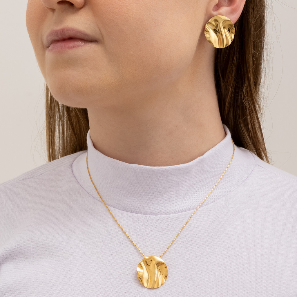 Conjunto Brinco e Colar Redondo Orgânico Folheado a Ouro 18K - D France Semijóias
