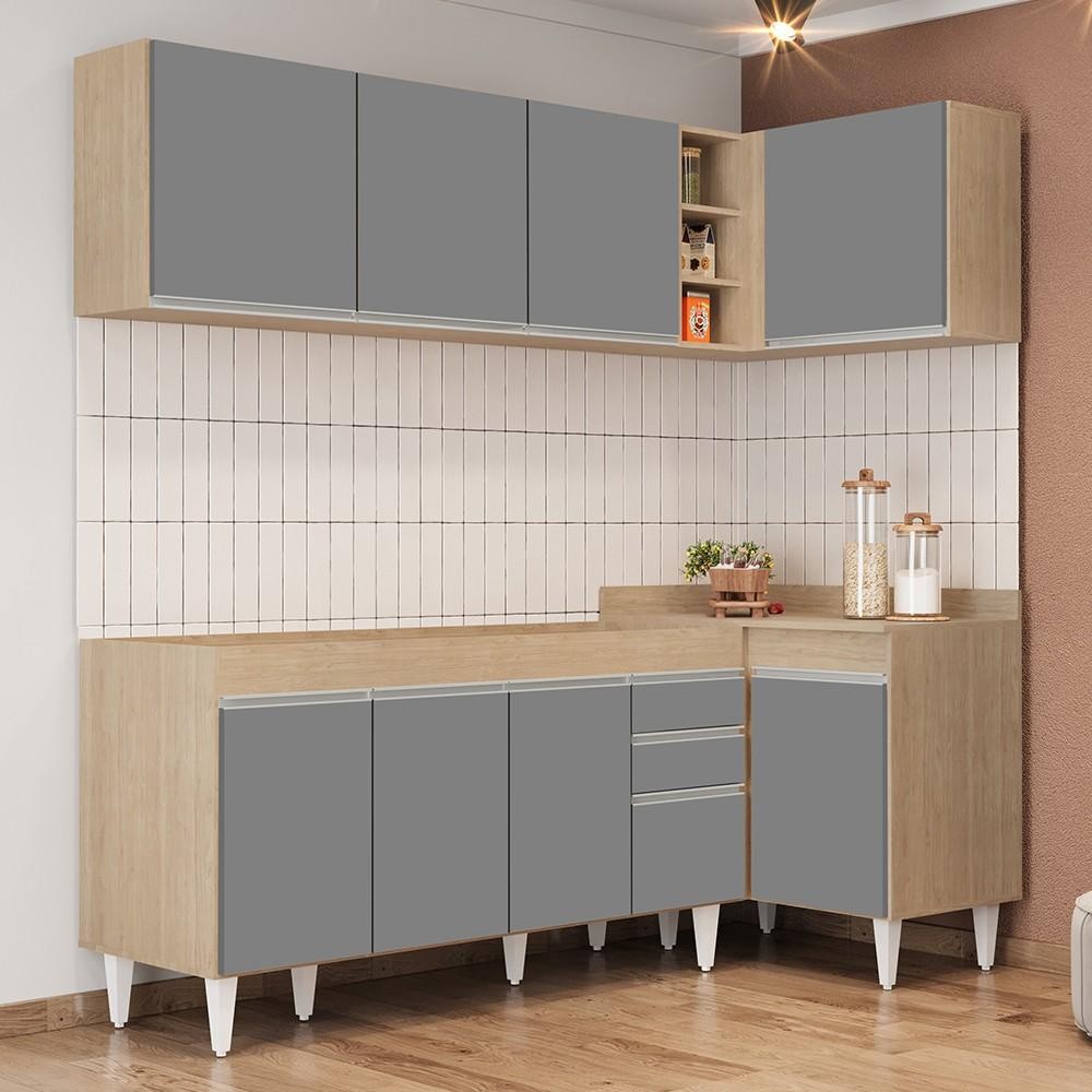 Armário de Cozinha Modulado de Canto Esquerdo 4 Peças CP49 Balcão sem Tampo Castanho/Cinza - Lumil em Oferta na Shopee