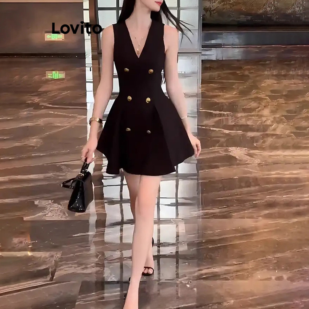 Detalhes do Lovito Vestido Casual Vestido Liso Com Botões Para Mulheres L104ED518