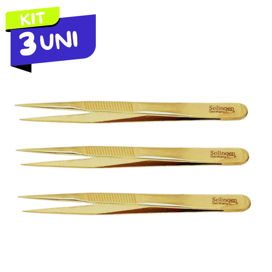 Kit 3 Pinças Solingen Ponta Agulha Designer Sobrancelhas Dourada em Oferta na Shopee