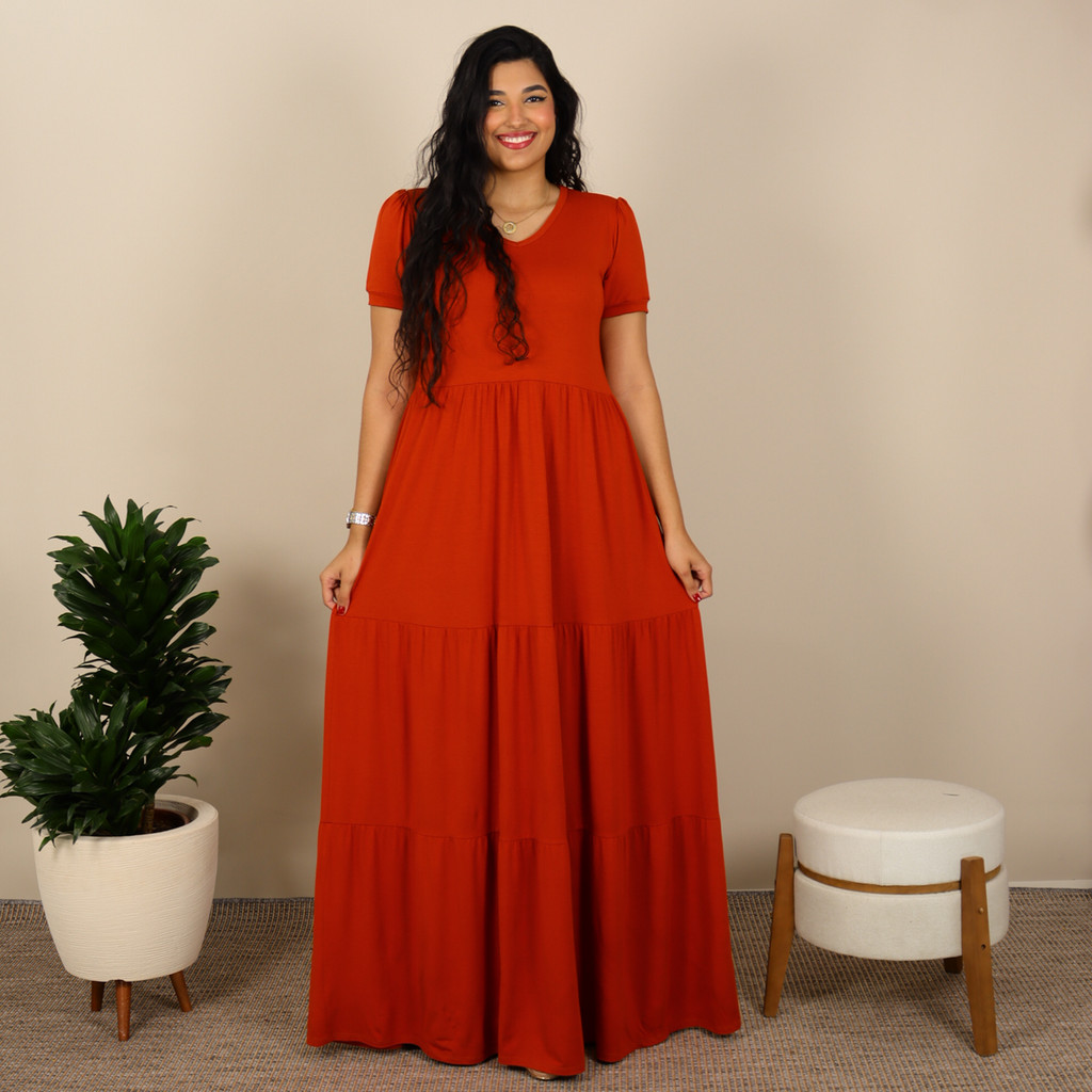 Vestido Longo Plus Size Três Marias Bata De Babados Manga Curta Soltinho Conforto