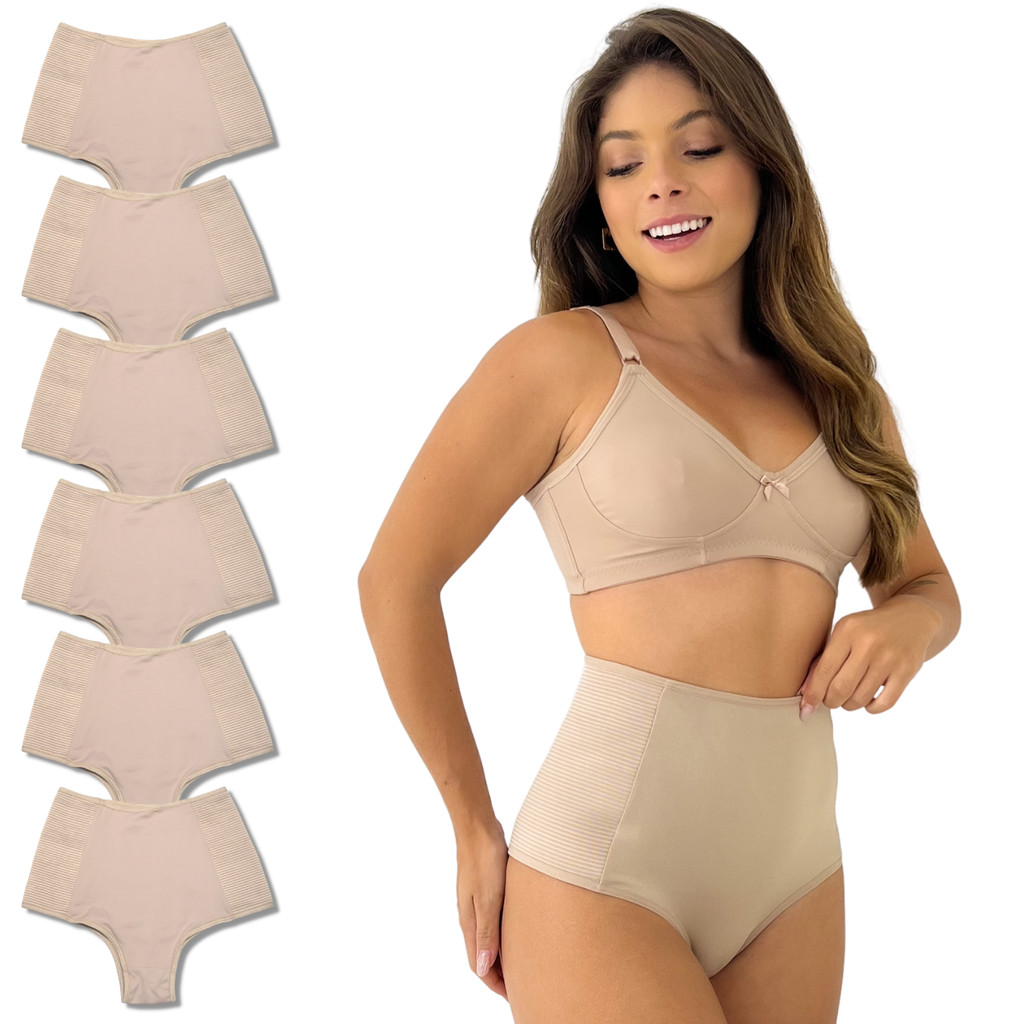 Kit 6 Calcinha Modeladora Cintura Alta Elástico Anti Culote