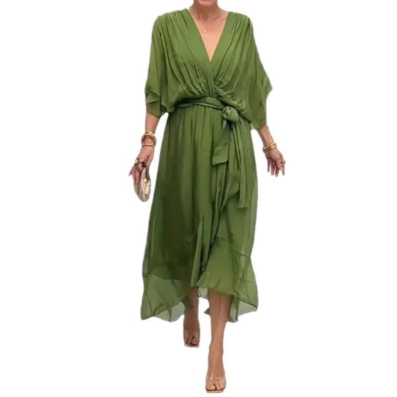 Mulher com manga morcego de cor sólida com gola em V vestido longo em Oferta na Shopee