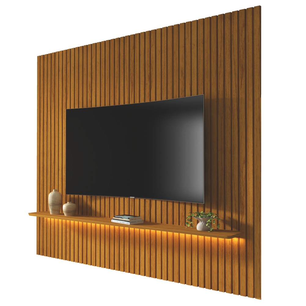 Painel Ripado Para TV Até 70 Polegadas Com Prateleira e LED Nobre Naturale Gelius - Home & Living