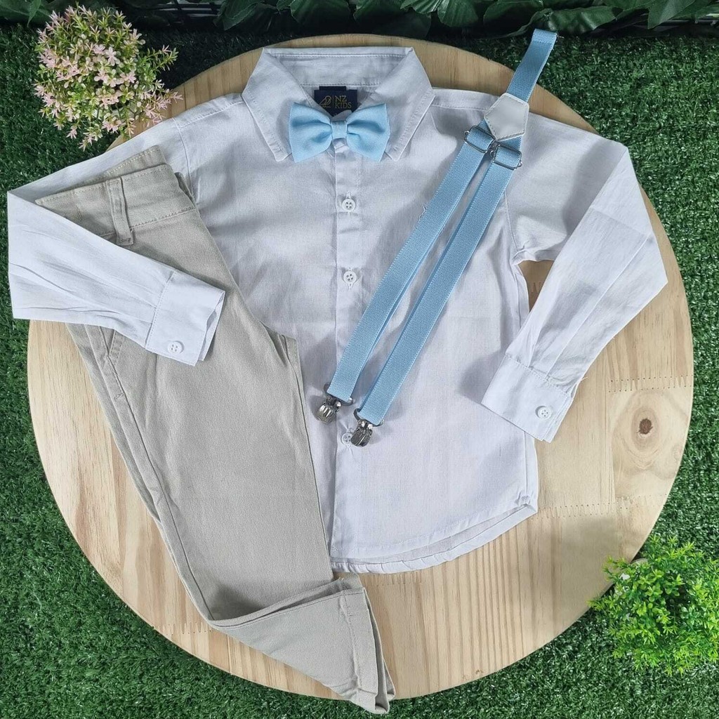 Calça Nude Camisa Branca Gravata Suspensório Azul Claro Batizado Pajem Casamento Formatura Menino Infantil Social em Oferta na Shopee