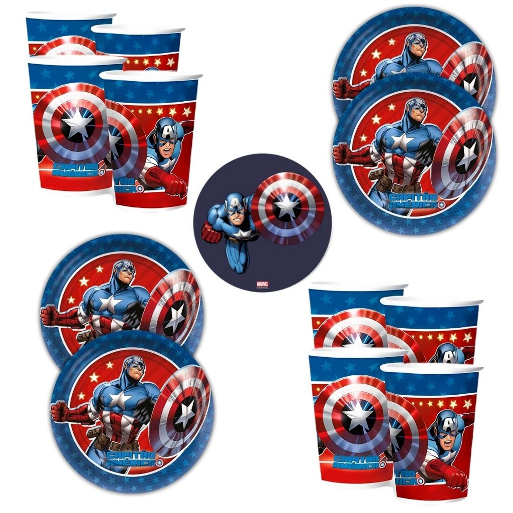Kit Festa  CAPITAO AMERICA 16 Pratos + 16 Copos Descartável 180 Ml Papel - REGINA em Oferta na Shopee