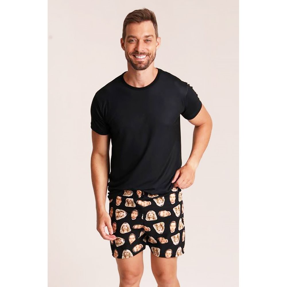 Short Masculino Personalizado com Foto - Customize Shorts com Suas Fotos - Short Confortável Masculino Preto