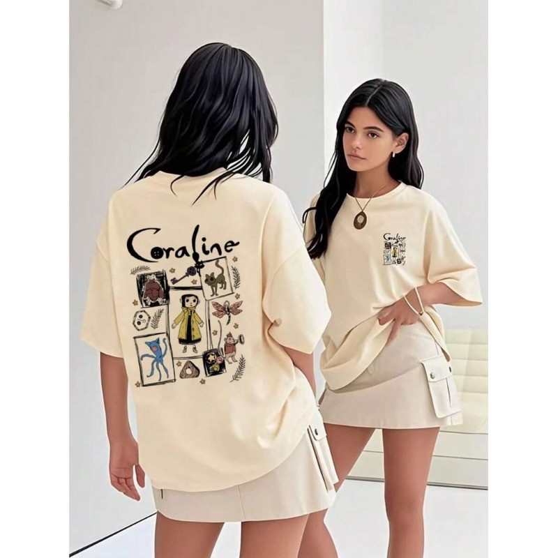 Camiseta Casual de Manga Curta Estampada Preta para Meninas e Adolescentes Estudantes, Top de Verão em Oferta na Shopee