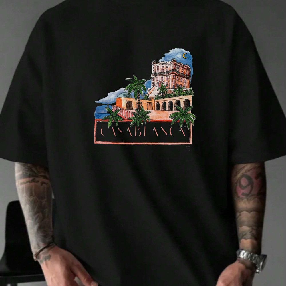 Camiseta Masculina Estampa Tropical Palmeiras e Edifício Streetwear 2025 Novo