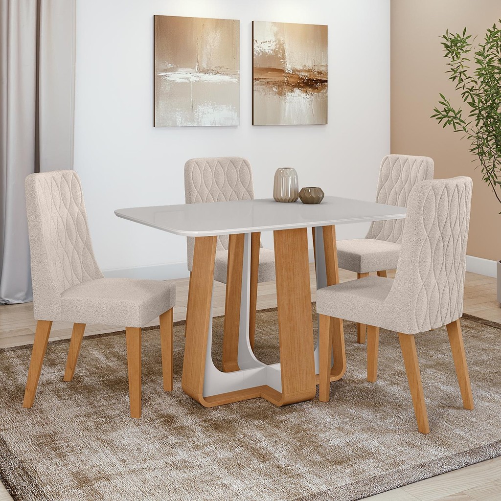 Conjunto Sala de Jantar Mesa Easy Pop 120x80cm Tampo Vidro/MDF com 4 Cadeiras Seat Boucle Bege Amendoa Clean/off White em Oferta na Shopee