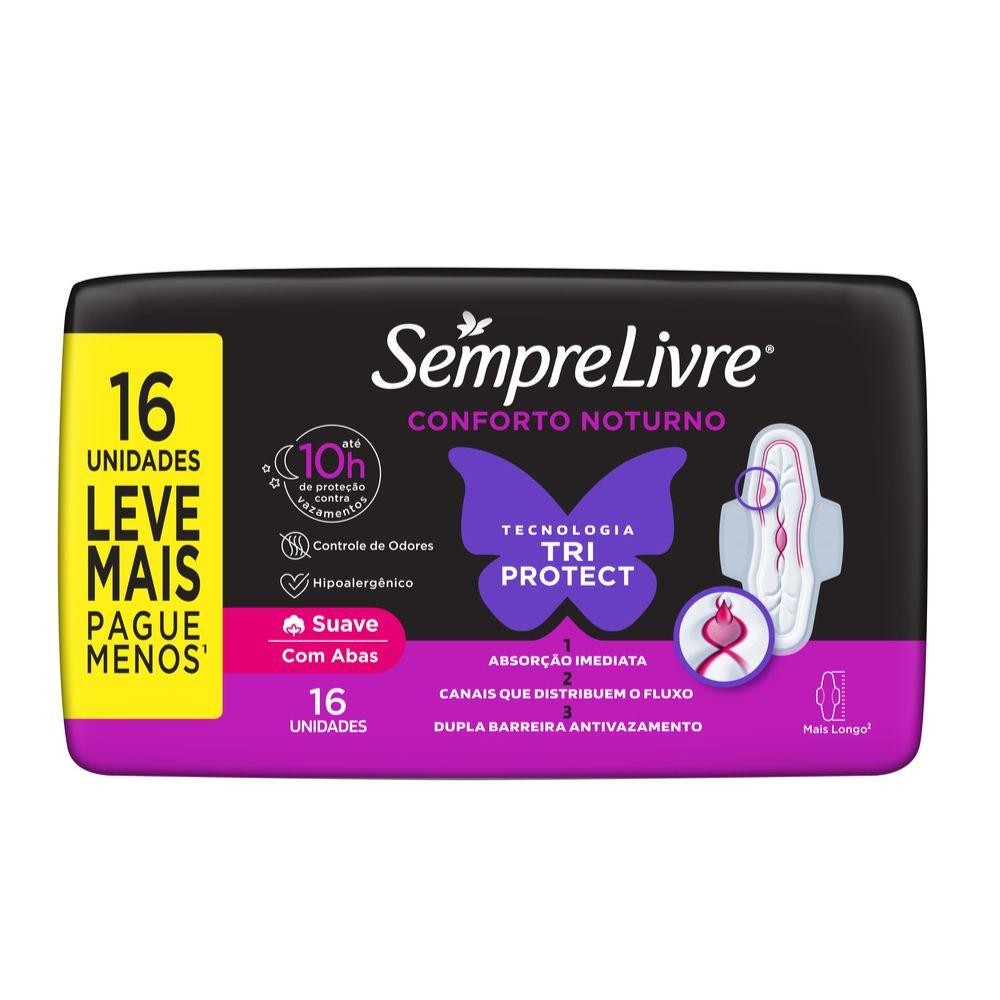 Absorvente Sempre Livre Conforto Noturno Suave c/ Abas 16un. em Oferta na Shopee
