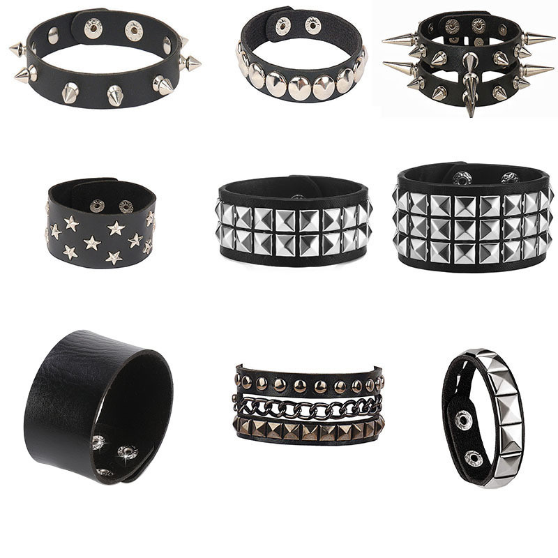 Pulseiras De Rebite De Metal Punk Moda Pulseira De Couro PU Preto Para Acessórios De Festa De Casal Unissex em Oferta na Shopee