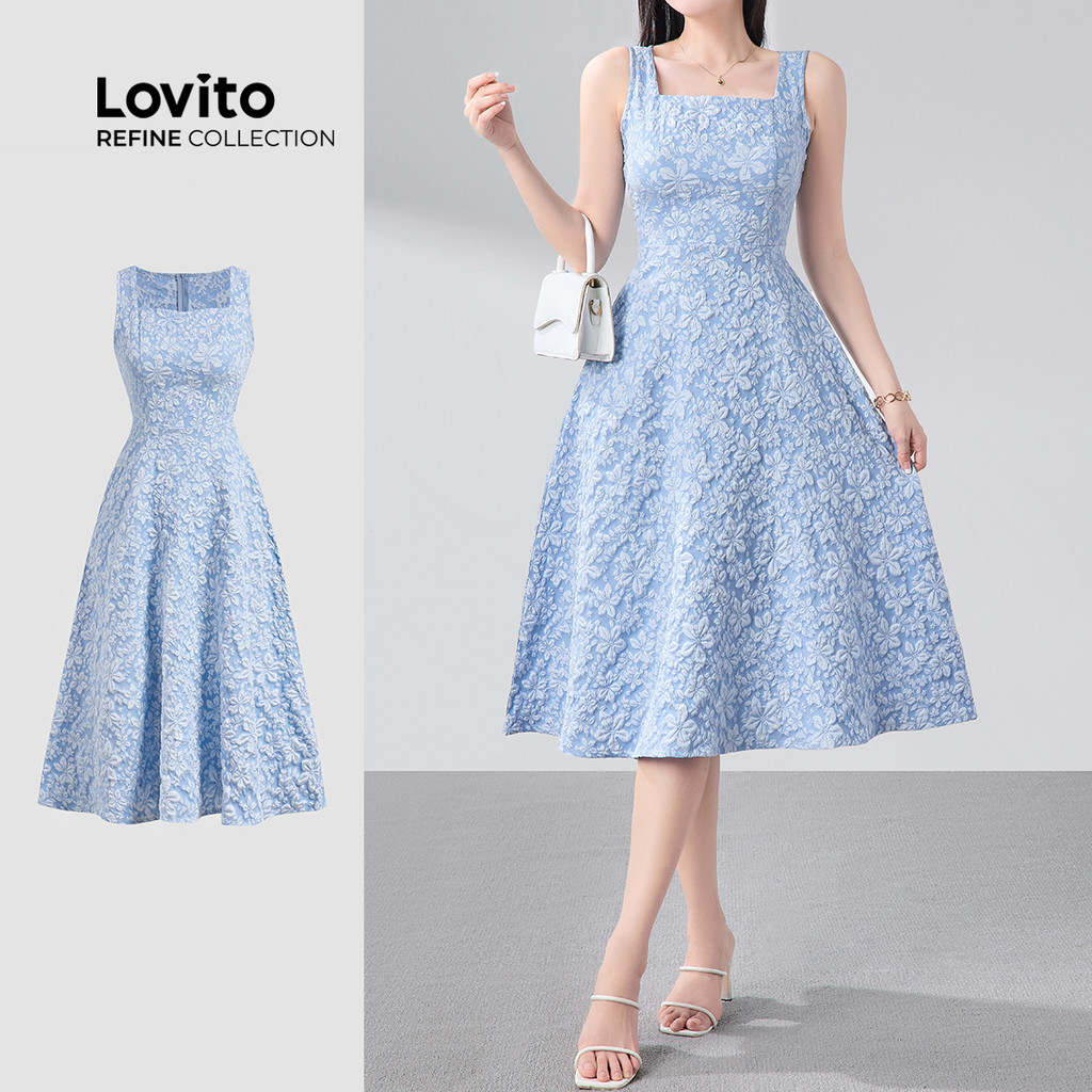 (Lovito Refine) Vestido Elegante com Estrutura Linha de Zíper Boa Textura Roupa de Primavera/verão azul LR12E015 - Women Clothes