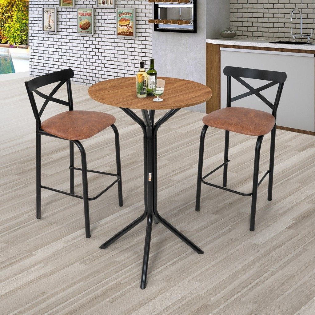 Conjunto Bistrô Tampo 0,65m Redondo com 2 Banquetas Tubo Paris Preto Fosco/Caramelo/Marrom em Oferta na Shopee