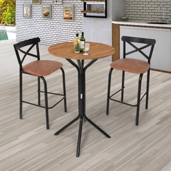 Conjunto Bistrô Tampo 0,65m Redondo com 2 Banquetas Tubo Paris Preto/Fosco/Caramelo Preto Fosco/Caramelo/Marrom