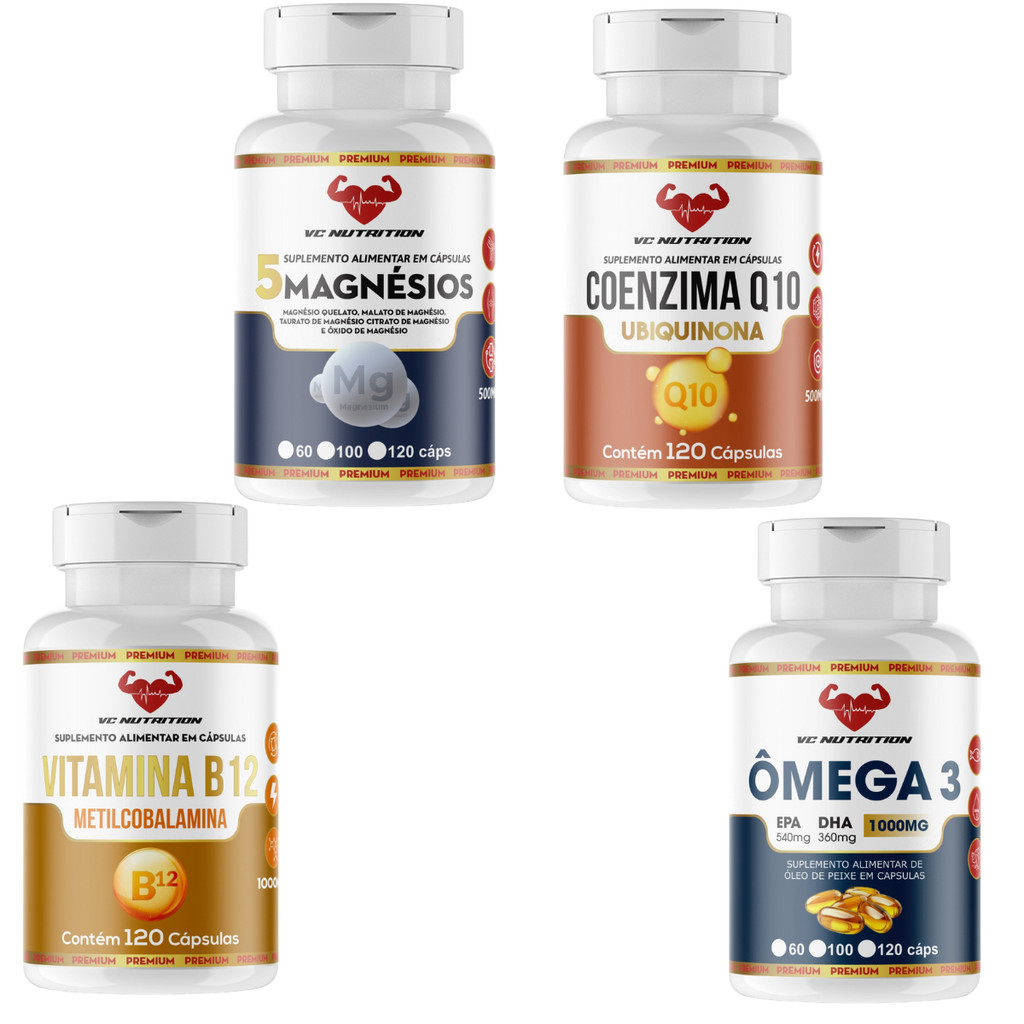 B12 metilcobalamina 1000mg, Ômega 1000mg, 5 Magnésios, Coenzima Q120 - 480 capsulas