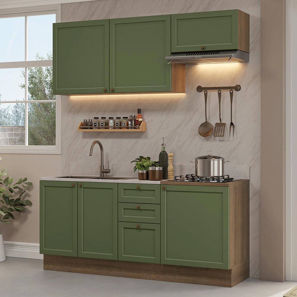 Armário de Cozinha Compacta 180 cm Rustic/Verde Vik Madesa 01 em Oferta na Shopee