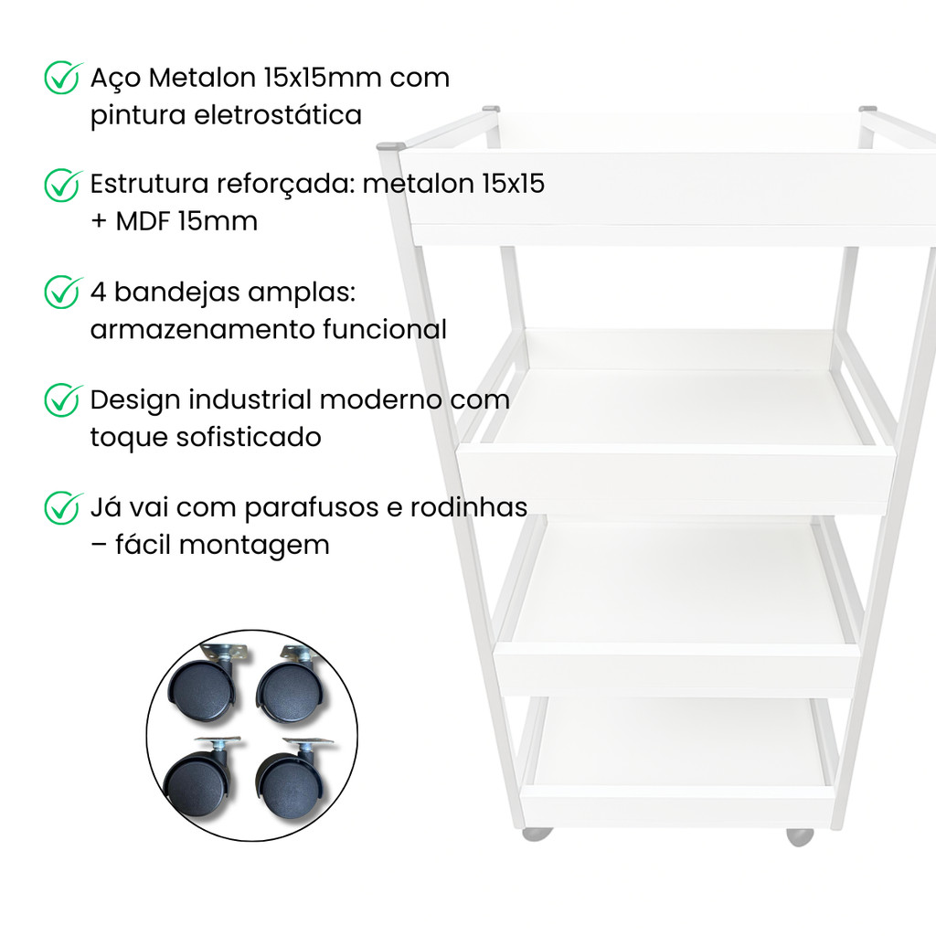 Carrinho Auxiliar Com Rodinhas 4 Andares Ideal Para Salão Estética - Organize Sua Rotina com Elegância e Mobilidade