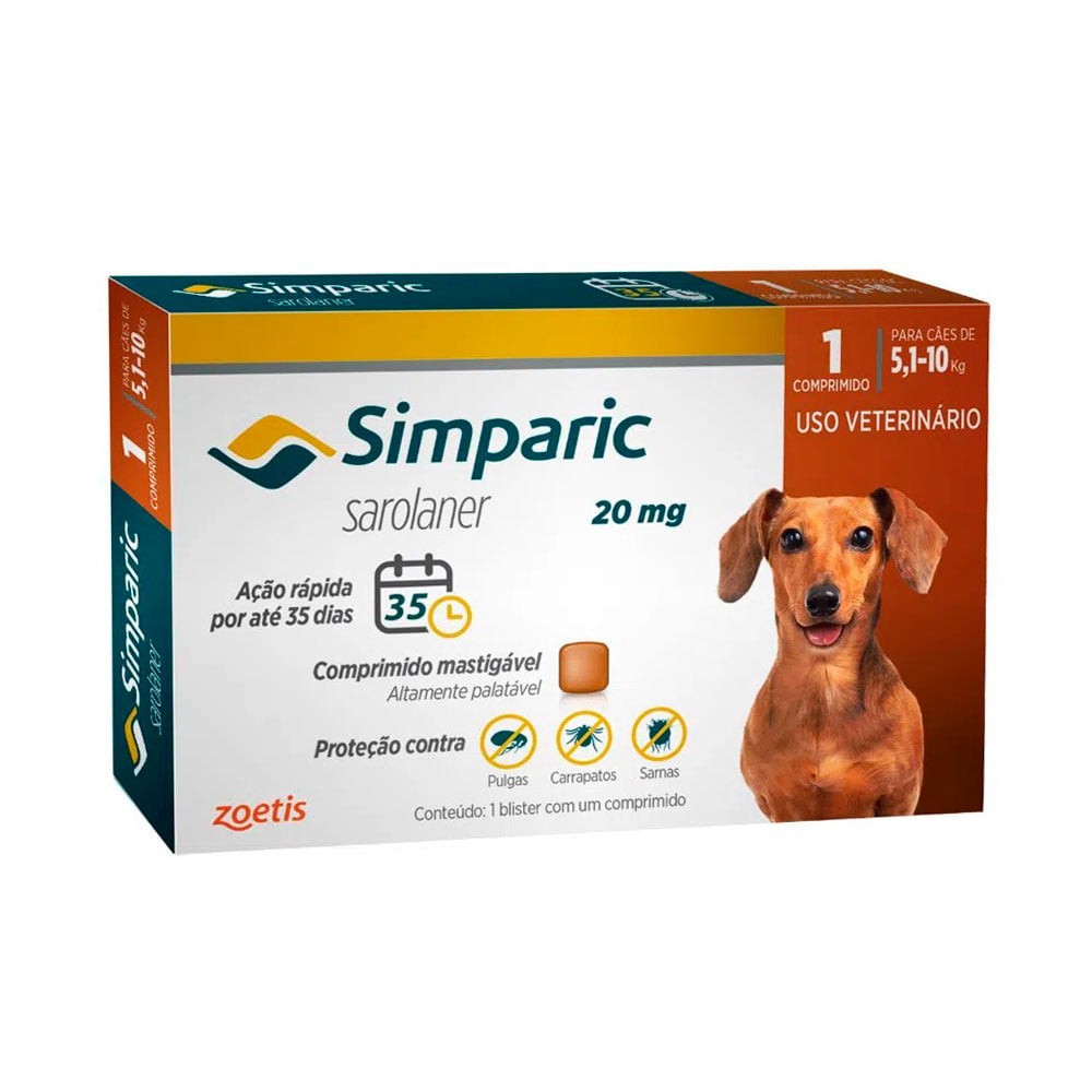 Antipulgas e Carrapatos Simparic  Cães de 5,1 a 10kg com 1 Comprimido