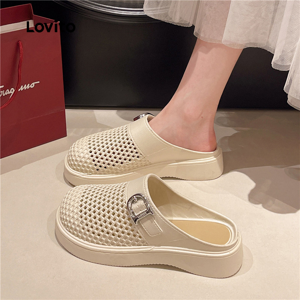 Lovito Sandálias Casuais Planas com Fivela de Metal Trançada Primavera/verão Pretas para Mulheres LFA83028 - Women Shoes