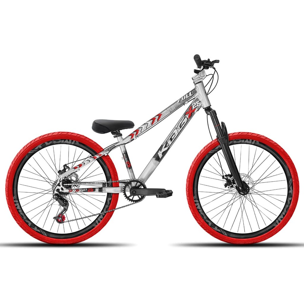 Bicicleta aro 26 KOG Freeride 1x7 Prata com Vermelho Vmaxx Preto Fosco - Pneus Vermelho - Mesa Curta Prata - Guidão Prat