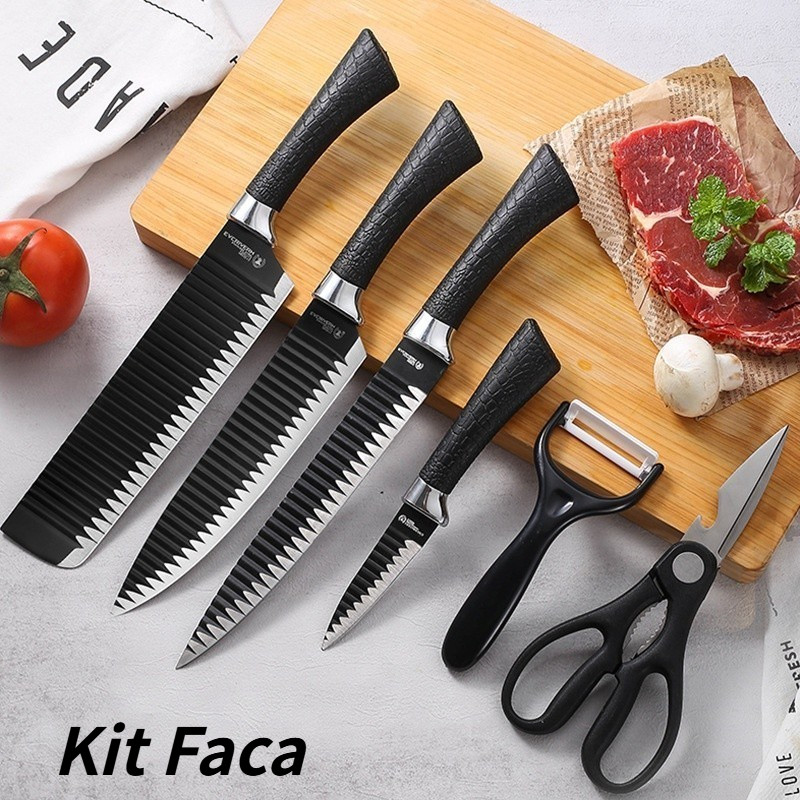 Imagem Kit 6 Peças Conjunto de Faca Carne Cutelo Legumes Aço Carbono Descascador Tesoura Corte Profissional