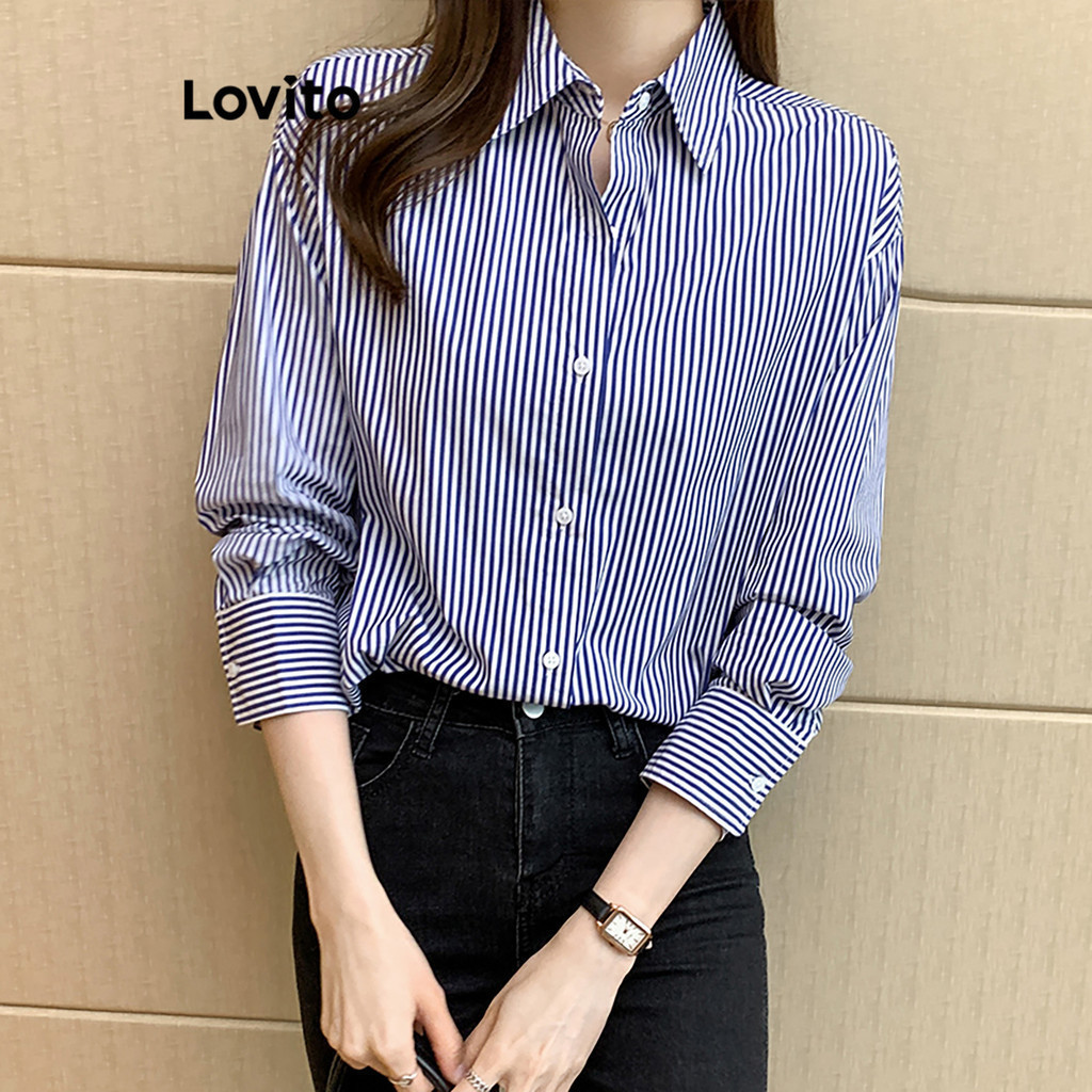 (Trendy) Lovito Blusa Casual Listrada Manga Comprida Botão Blusa De Verão Para Mulheres LNA26184 (Multicolorido) em Oferta na Shopee